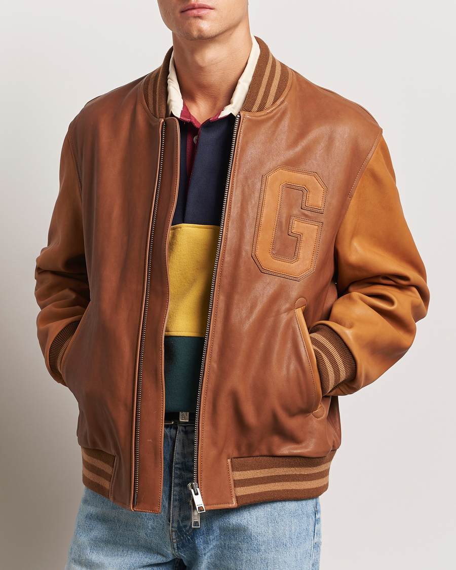 Herre | GANT | GANT | Leather Varsity Jacket Brown Sugar