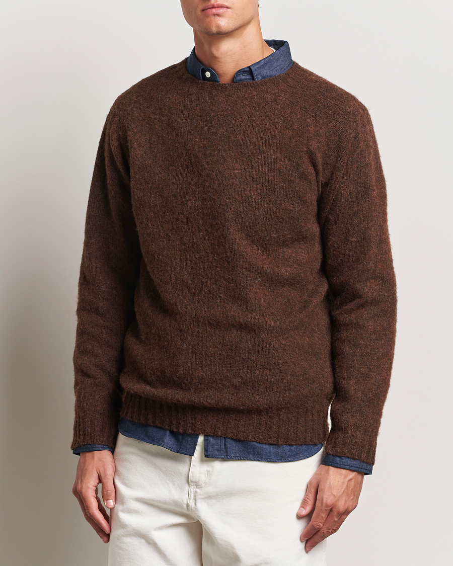 Herre |  | Harley Of Scotland | Brushed Supersoft Lambswool Crewneck Coffee