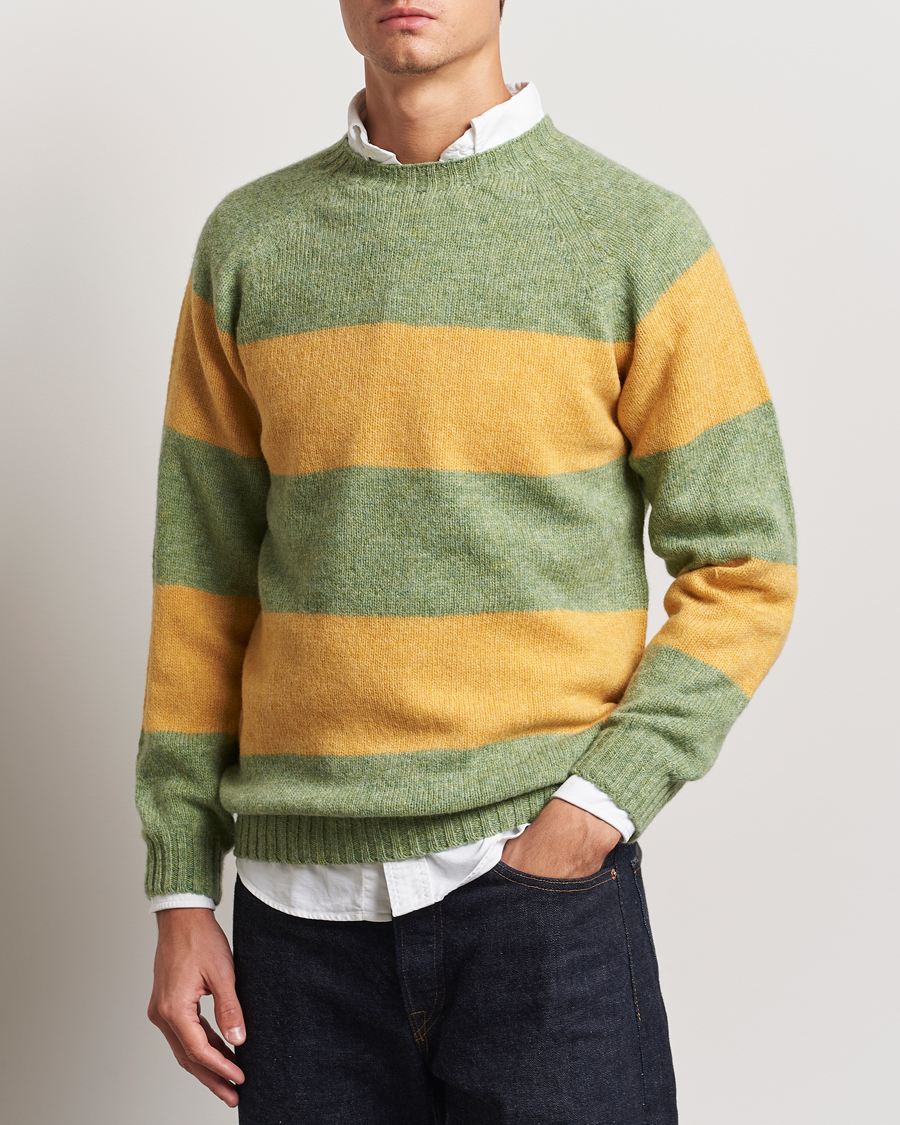 Herre |  | Harley Of Scotland | Block Stripe Lambswool Crewneck Yellow/Green