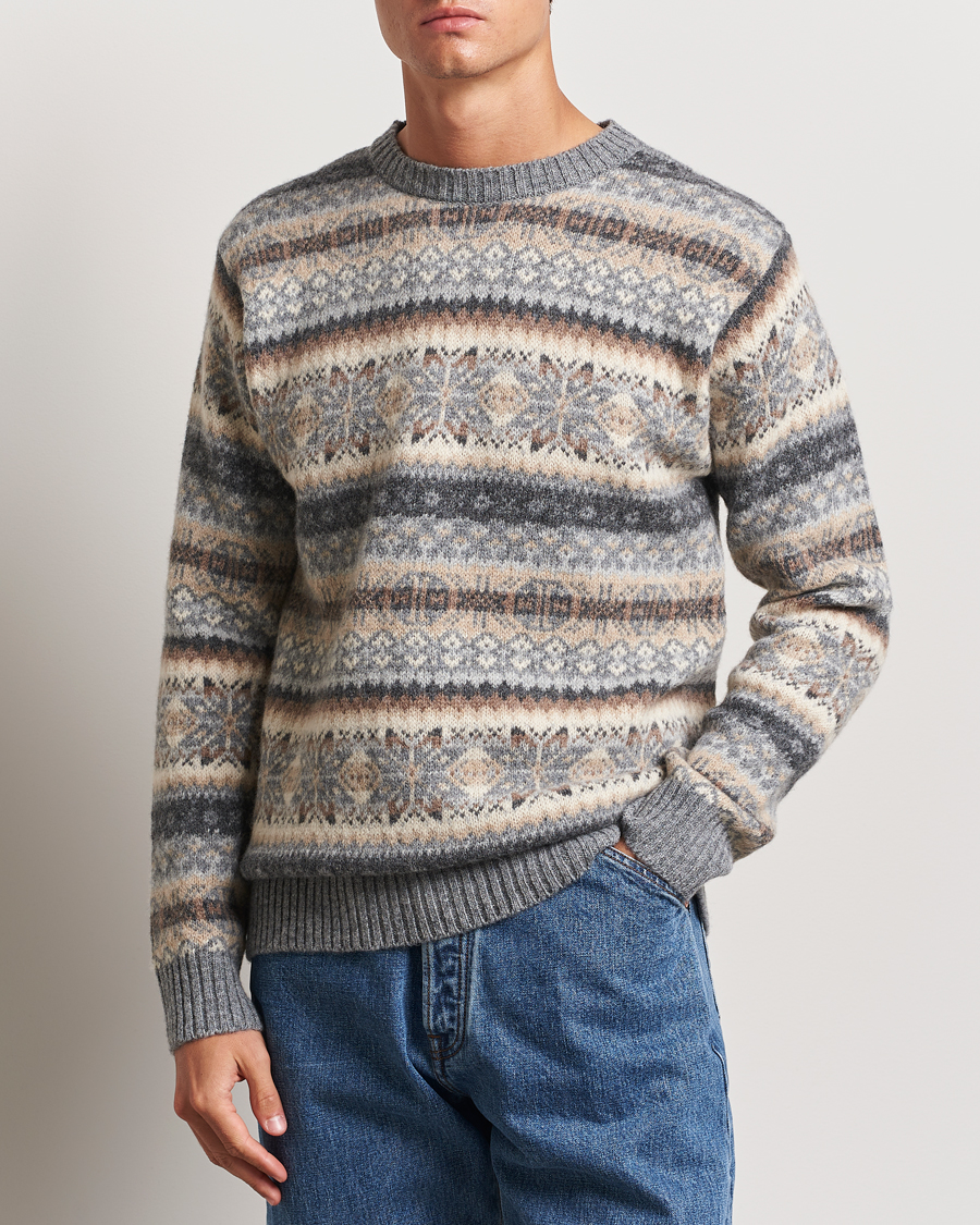 Herre | Trøjer | Harley Of Scotland | Supersoft Lambswool Fairisle Crewneck Grey