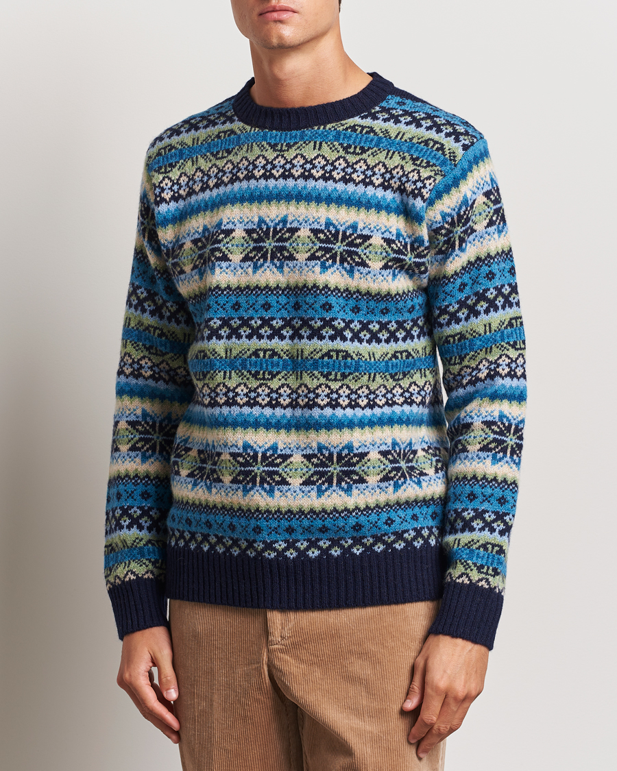 Herre | Trøjer | Harley Of Scotland | Supersoft Lambswool Fairisle Crewneck Navy