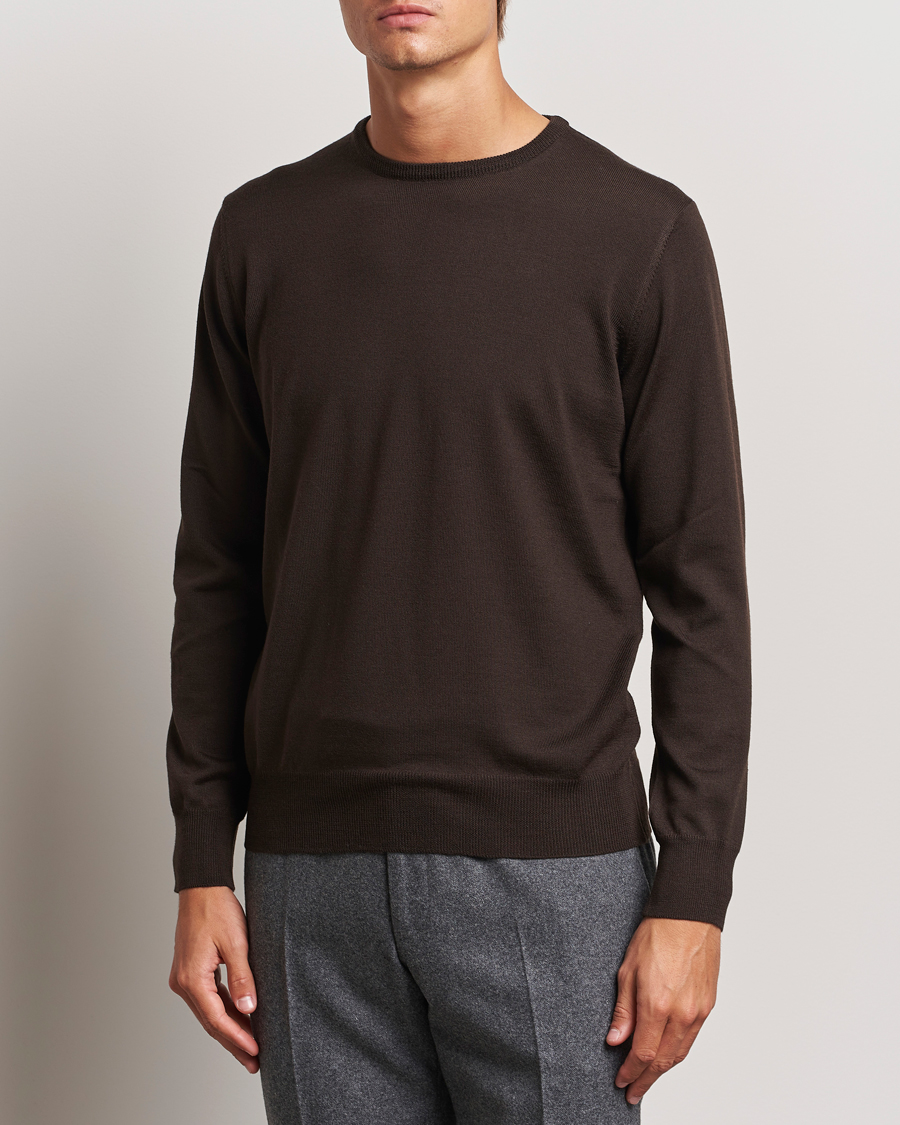 Herre | Pullovers med rund hals | Morgano | Extra Fine Merino Wool Crewneck Dark Brown