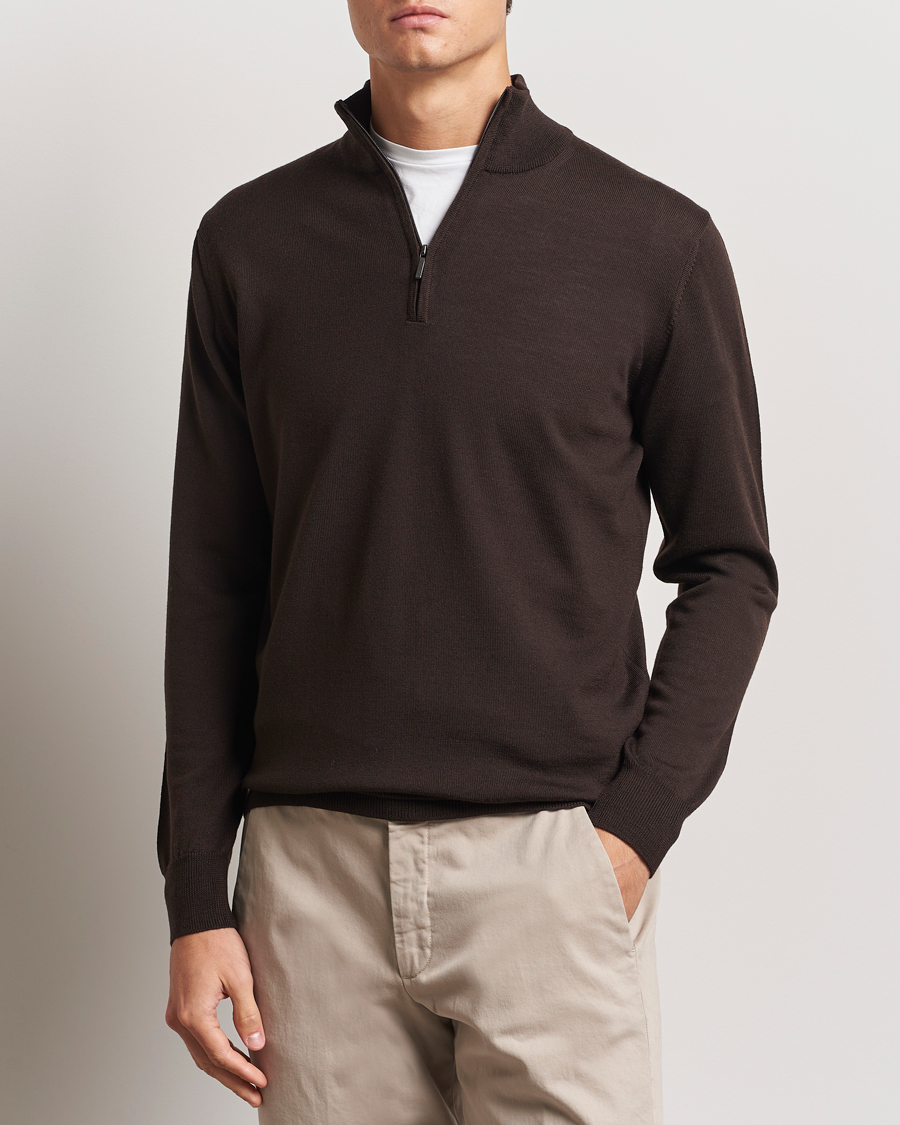 Herre |  | Morgano | Extra Fine Merino Wool Half-Zip Dark Brown