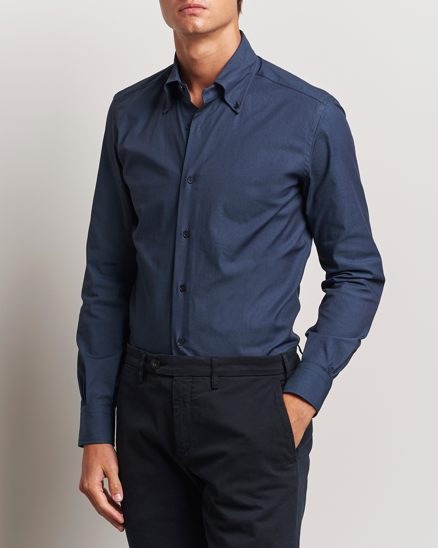 Herre | Casual | Mazzarelli | Soft Garment Dyed Button Down Shirt Navy