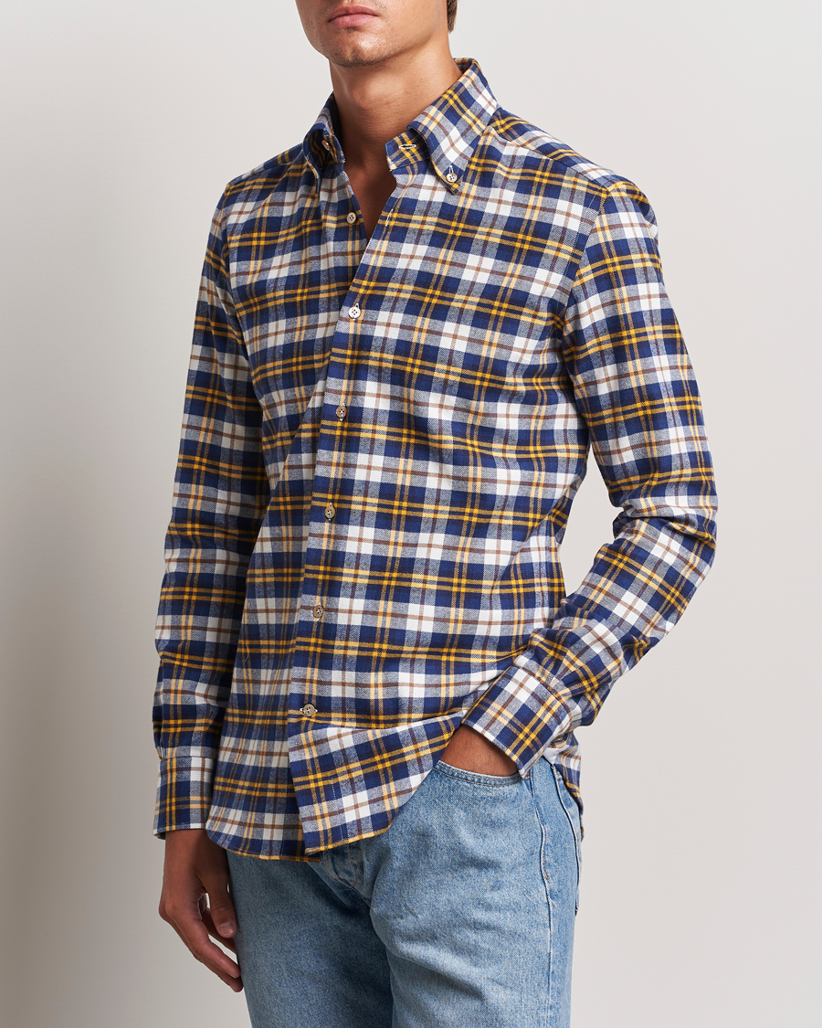 Herre | Casual | Mazzarelli | Soft Flannel Check Button Down Shirt Blue/White