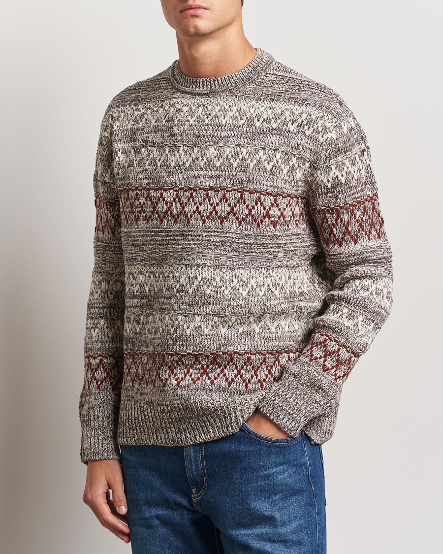 Herre |  | KnowledgeCotton Apparel | Knitted Pattern Lambswool Crewneck Brown