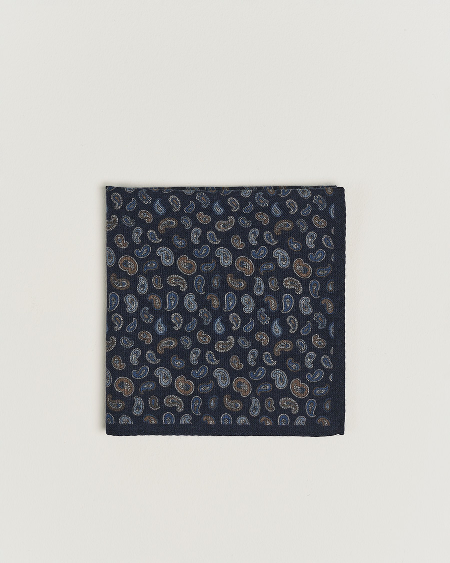 Herre |  | Amanda Christensen | Wool Flannel Printed Paisley Pocket Square Navy