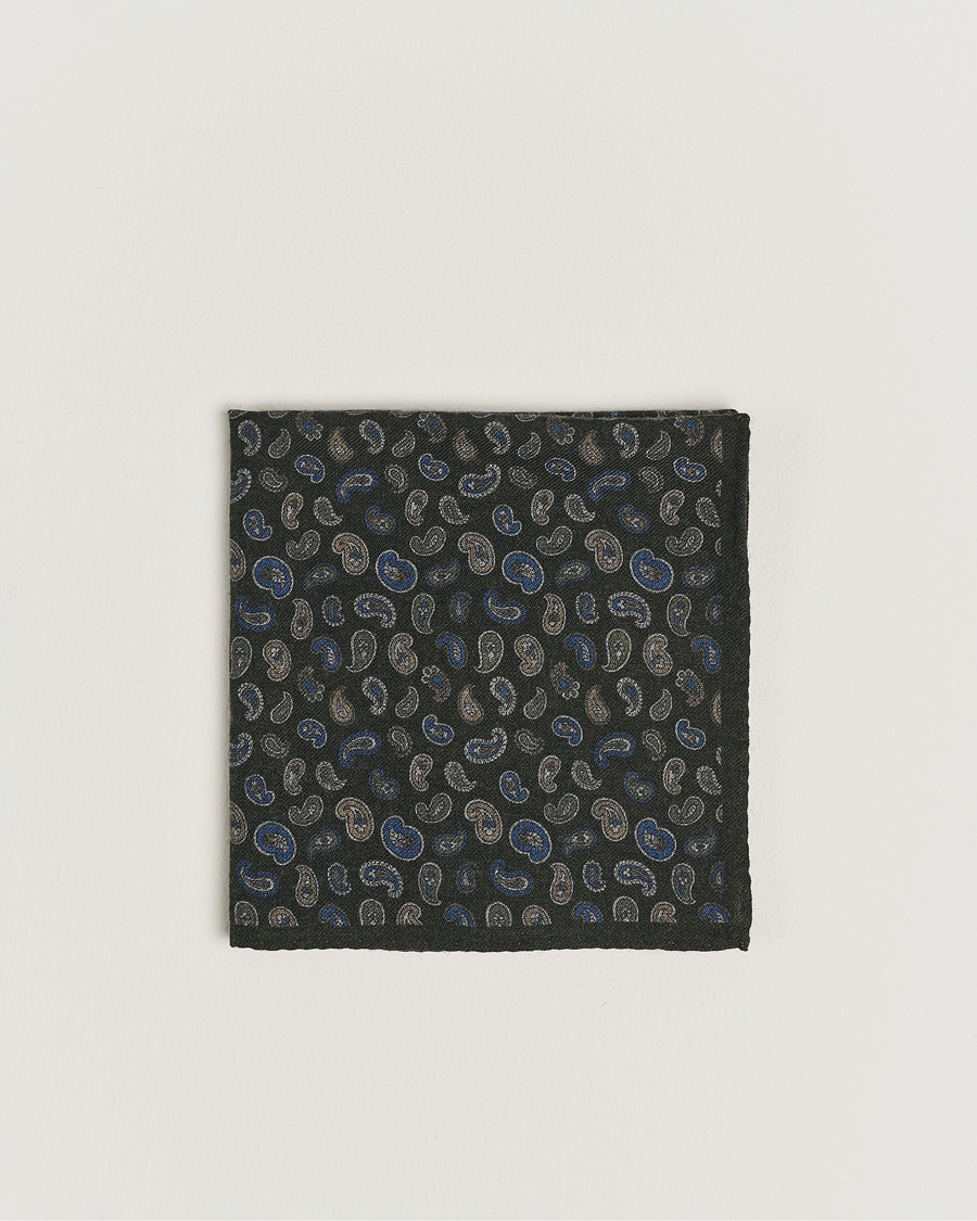 Herre |  | Amanda Christensen | Wool Flannel Printed Paisley Pocket Square Dark Olive