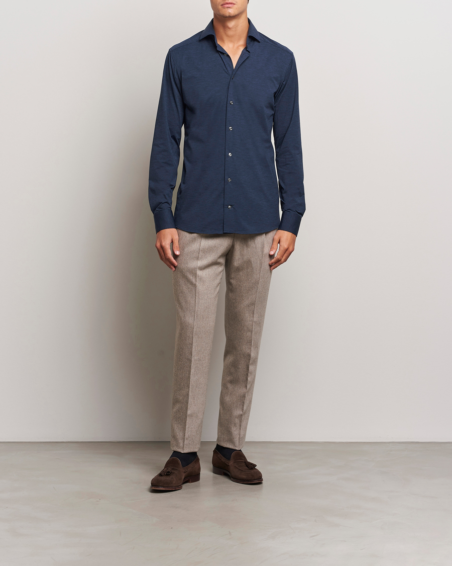 Herre |  | Eton | Slim Fit Four Way Stretch Shirt Navy Blue