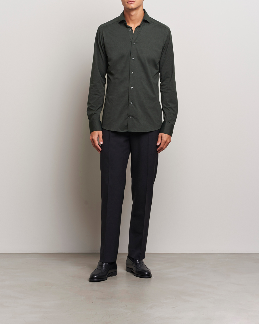 Herre |  | Eton | Slim Fit Four Way Stretch Shirt Dark Green