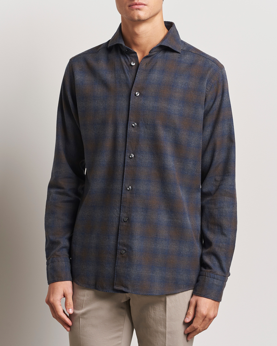 Herre |  | Eton | Slim Fit Checked Flannel Shirt Navy Blue