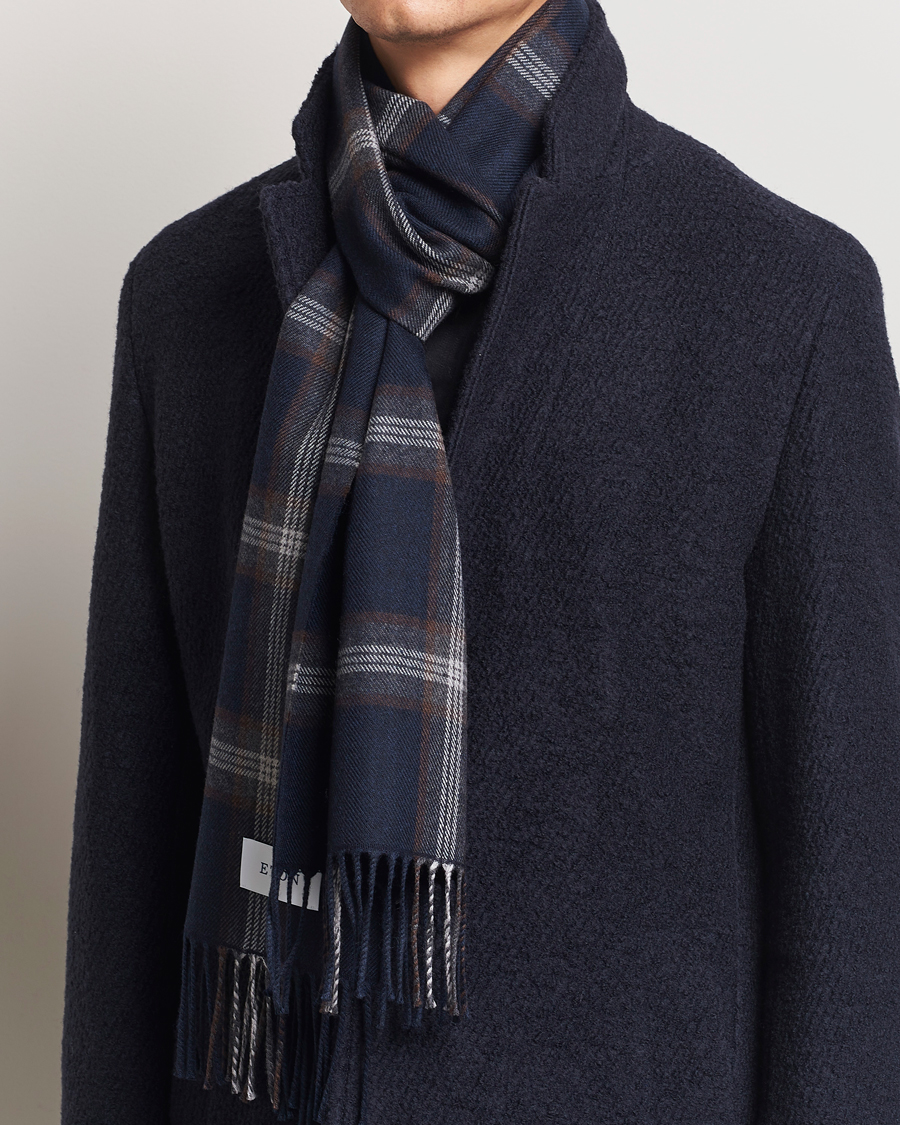 Herre |  | Eton | Merino Wool Checked Scarf Navy Blue