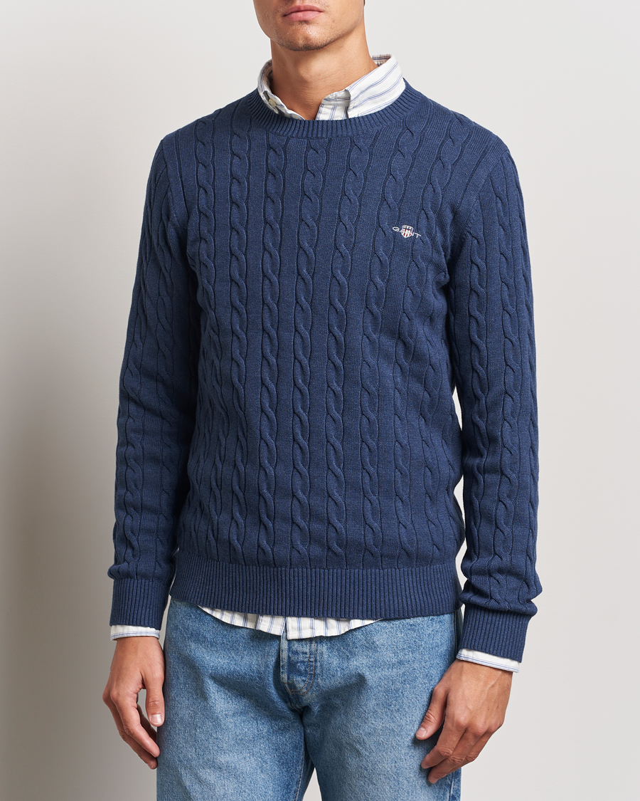 Herre |  | GANT | Cotton Cable Crew Neck Dark Jeans Blue Melange