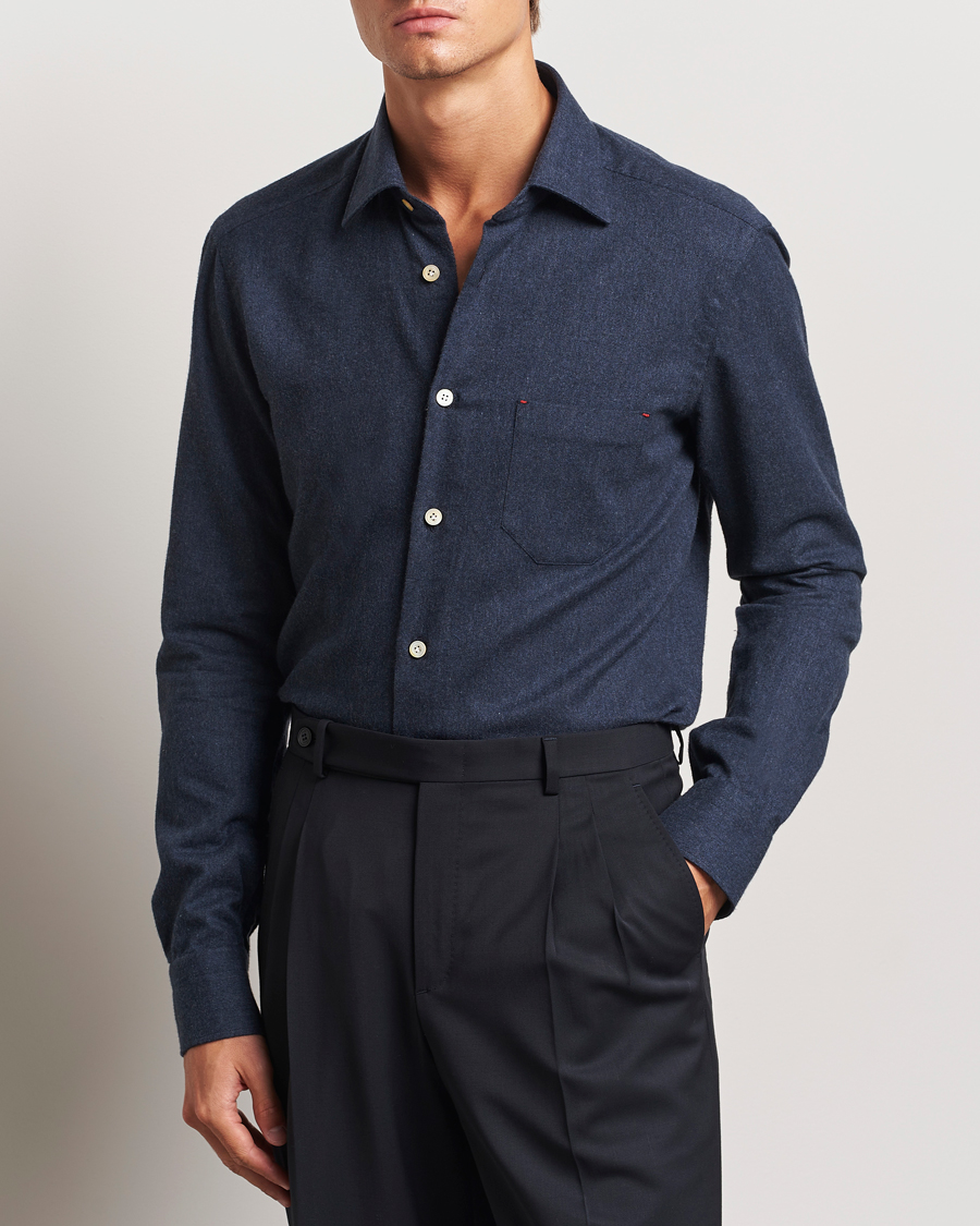 Herre |  | Kiton | Soft Flannel Sport Shirt Navy