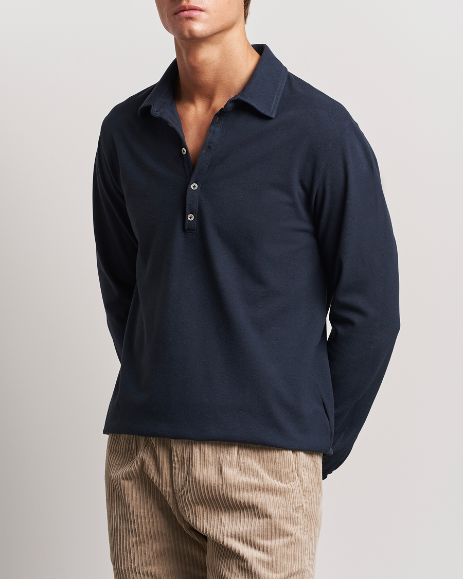 Herre |  | Massimo Alba | Ischia Cotton/Cashmere Long Sleeve Polo Navy