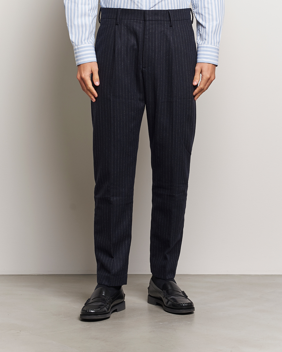 Herre |  | NN07 | Bill Wool Pleated Trousers Navy Blue Pinstripe