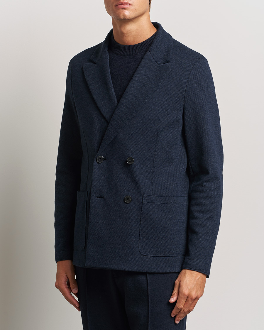 Herre |  | Harris Wharf London | Double Breasted Peak Lapel Jersey Blazer Navy Twill