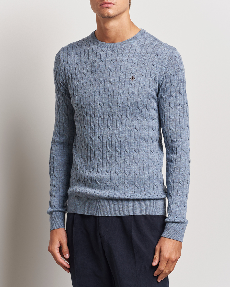 Herre | Business & Beyond - Casual | Morris | Merino Cable O-Neck Light Blue