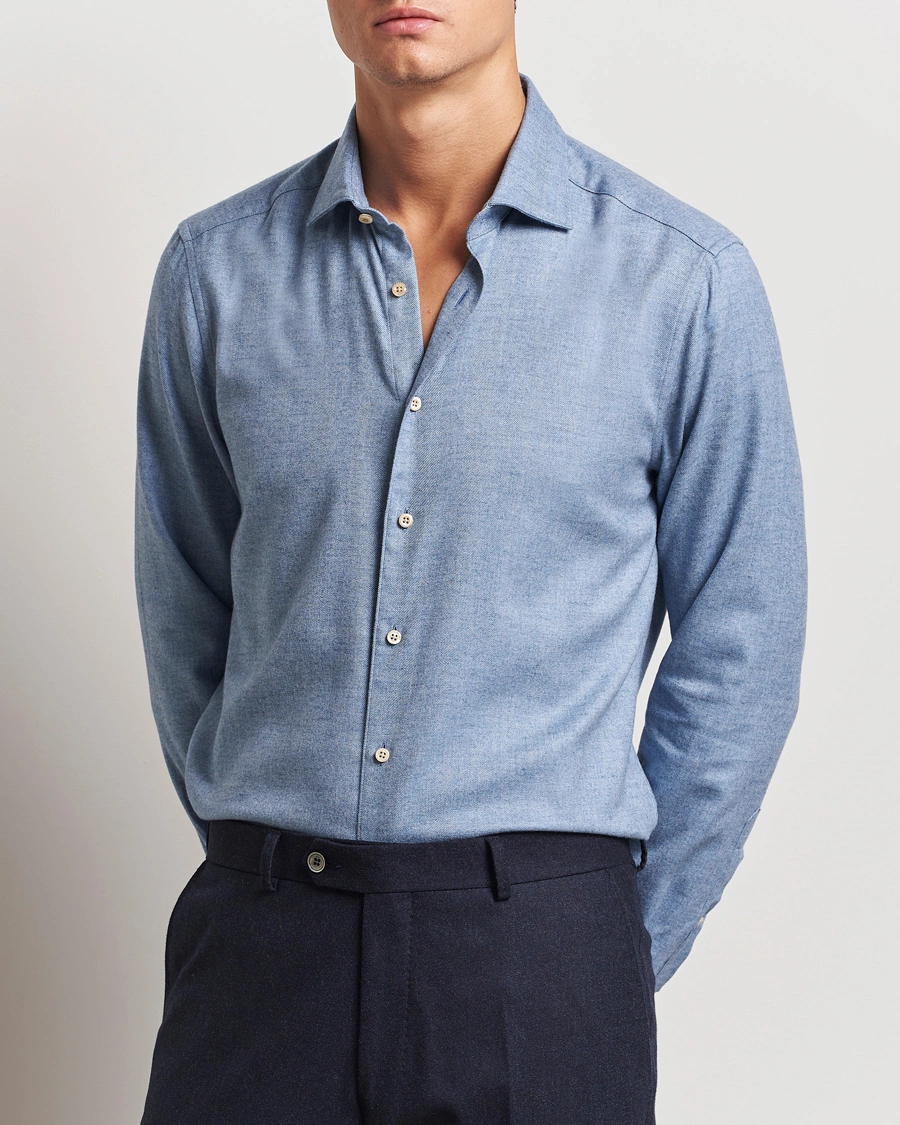 Herre |  | Stenströms | Slimline Brushed Cotton/Lyocell Cut Away Shirt Blue