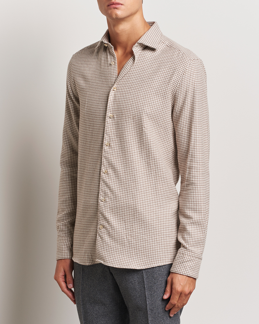 Herre |  | Stenströms | Slimline Flannel Houndstooth Shirt Light Brown