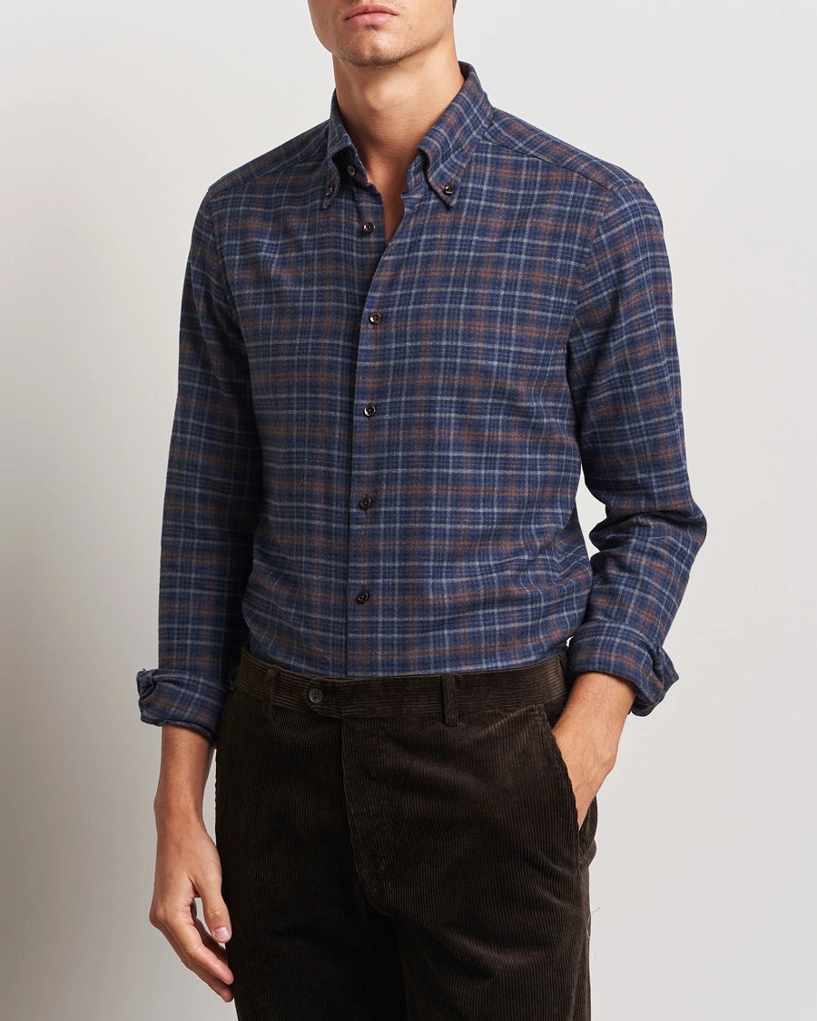 Herre |  | Stenströms | Slimline Small Check Flannel Shirt Dark Blue