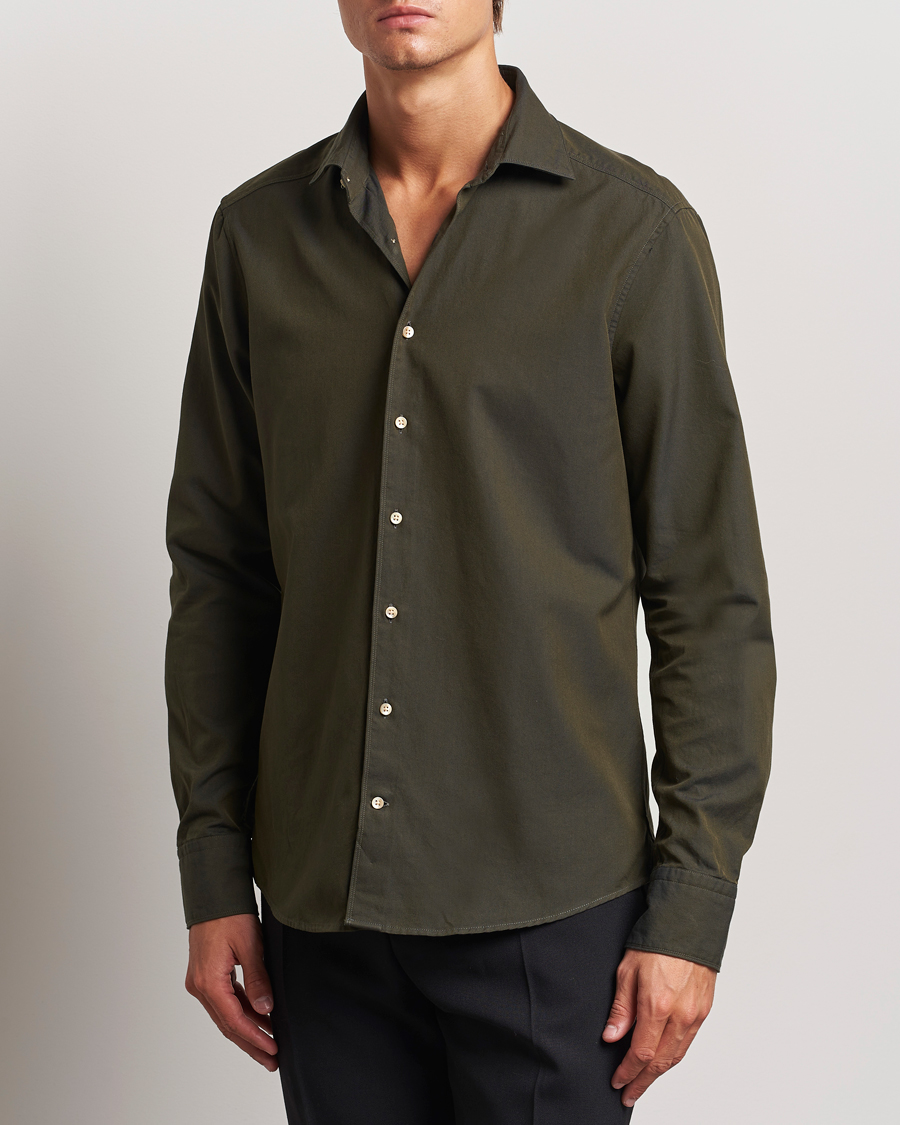 Herre |  | Stenströms | Slimline Cut Away Washed Twill Shirt Dark Green