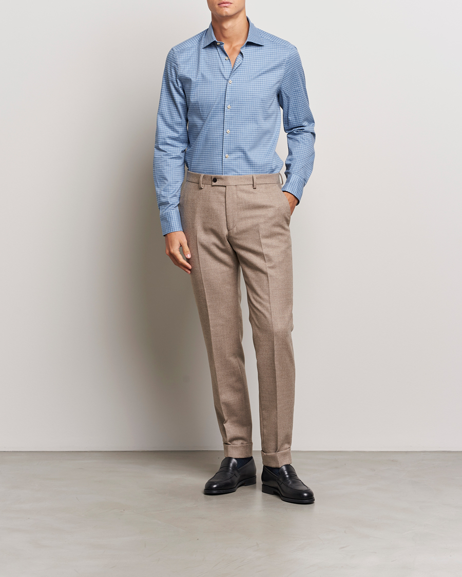 Herre |  | Stenströms | Slimline Melange Check Cut Away Shirt Blue