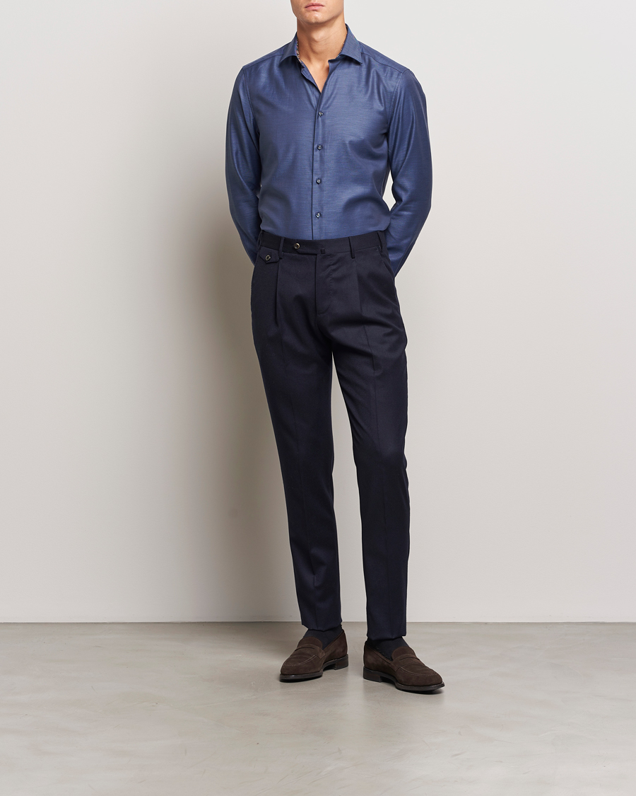 Herre | Mørkt tøj | Stenströms | Slimline Twill Contrast Cut Away Shirt Navy