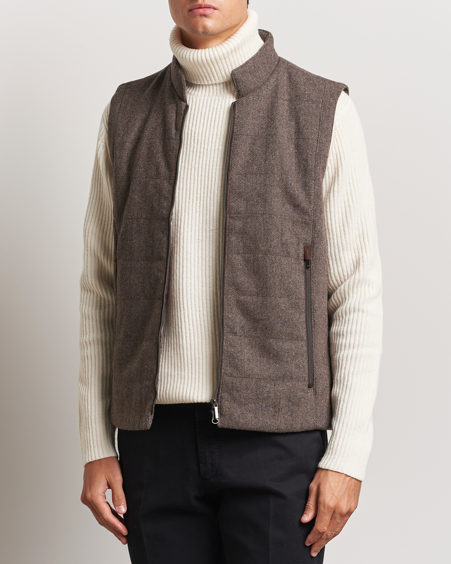 Herre |  | Stenströms | Alcantara Detail Herringbone Wool Vest Dark Brown