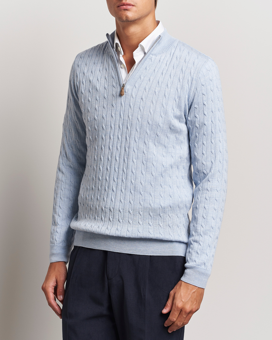 Herre |  | Stenströms | Merino Cable Half Zip Light Blue