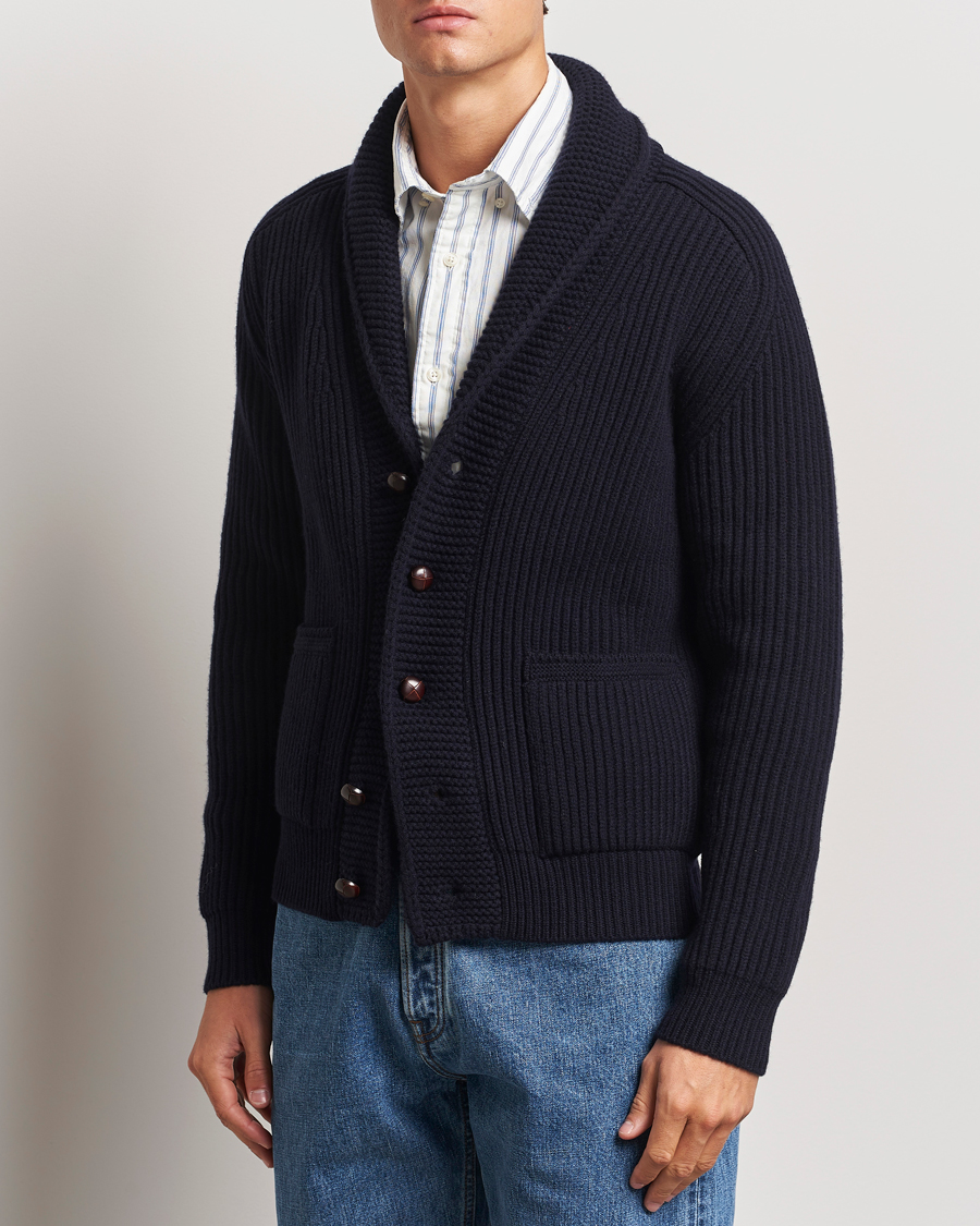 Herre |  | Drake\'s | Lambswool 6-Ply Shawl Collar Cardigan Navy