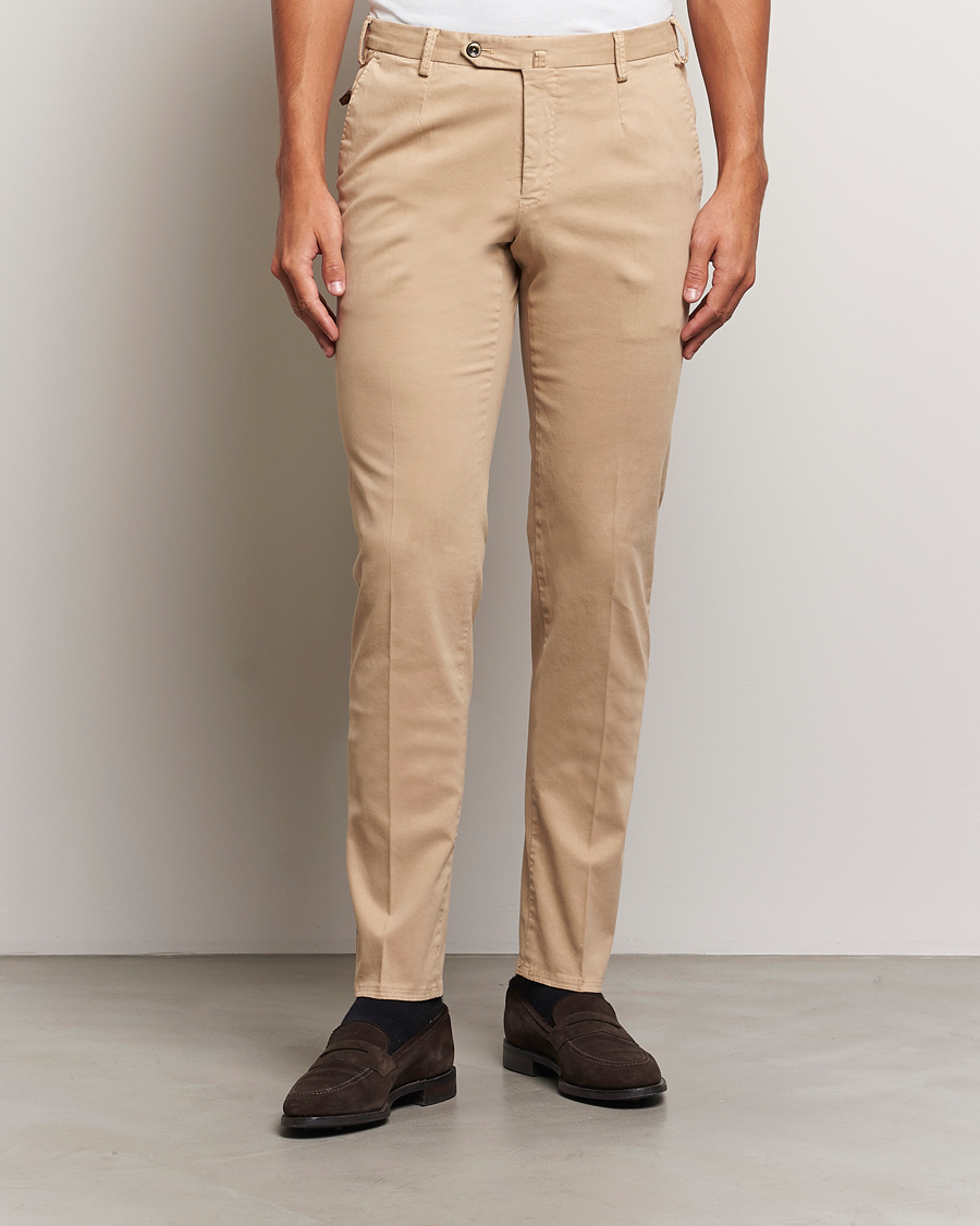 Herre |  | PT01 | Slim Fit Pleated Cotton Trousers Beige