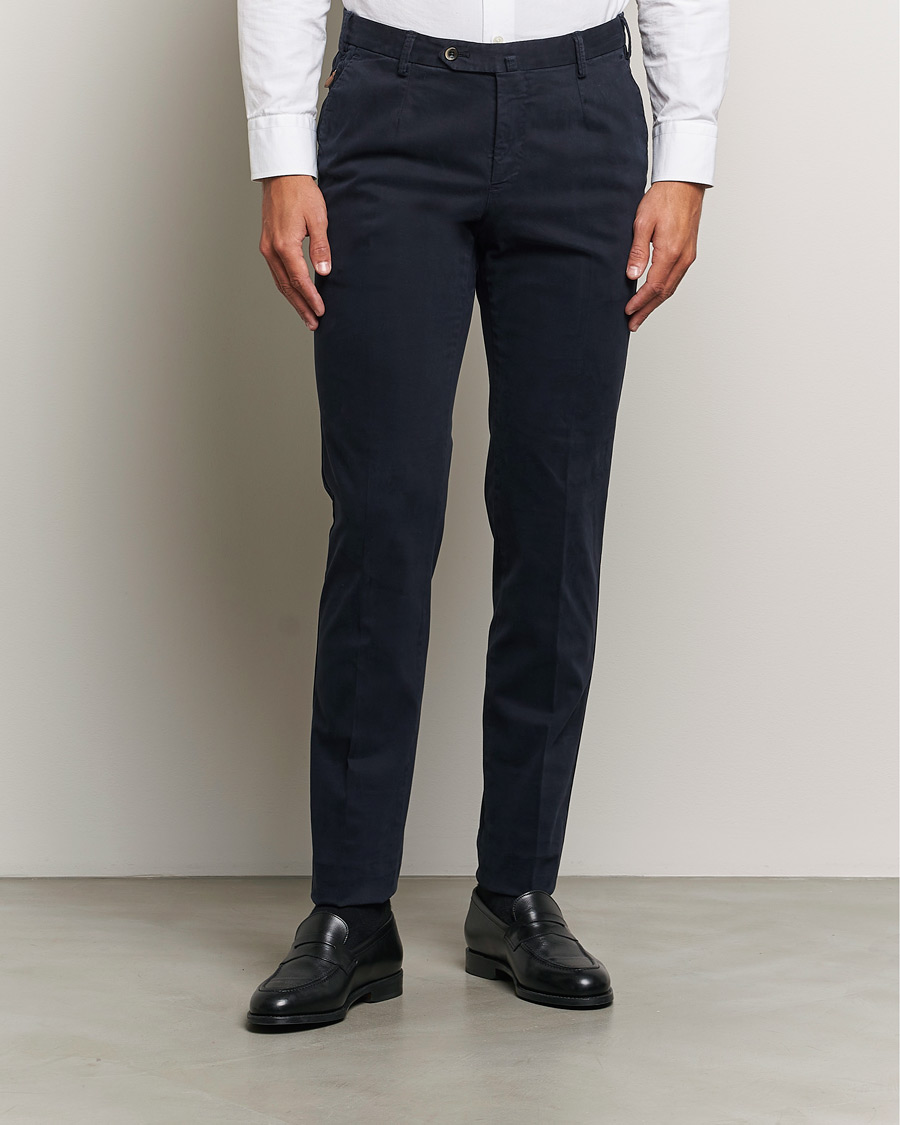 Herre |  | PT01 | Slim Fit Pleated Cotton Trousers Navy