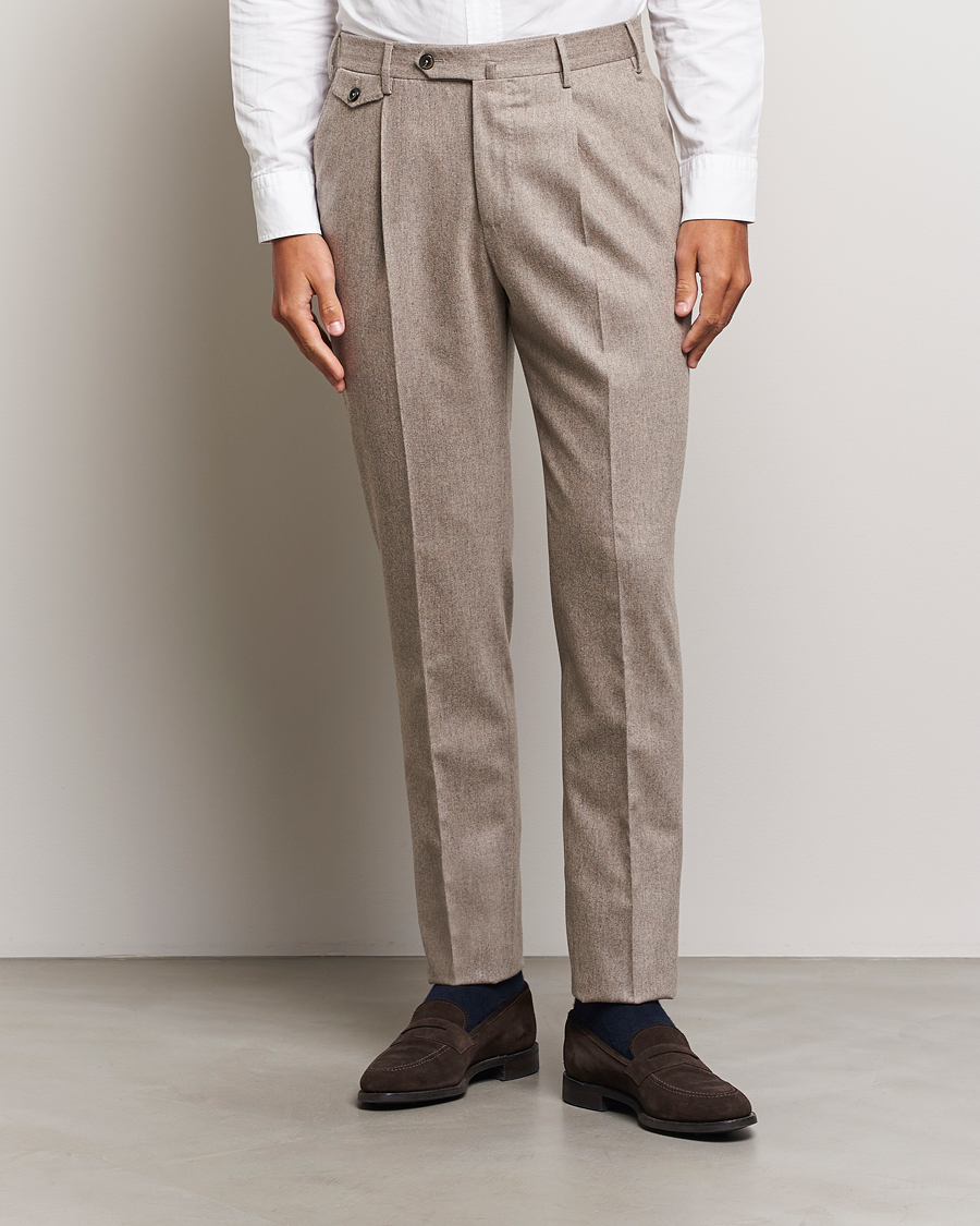 Herre | Flannelsbukser | PT01 | Slim Fit Pleated Wool/Cashmere Trousers Beige