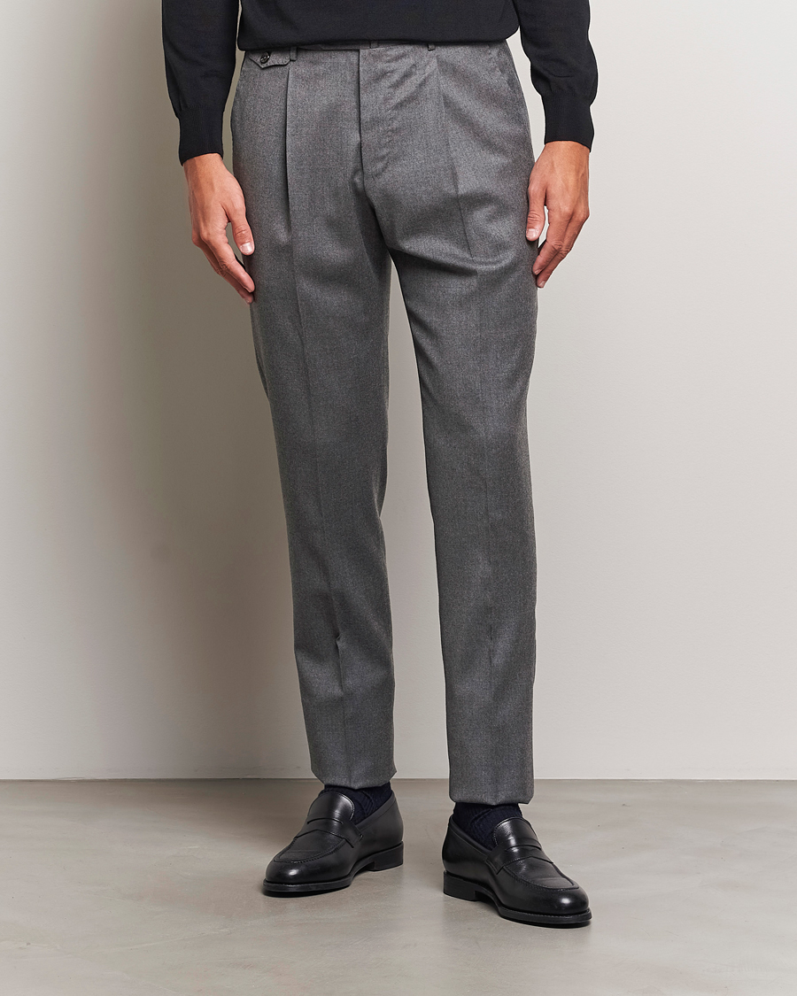Herre |  | PT01 | Slim Fit Pleated Flannel Trousers Grey Melange