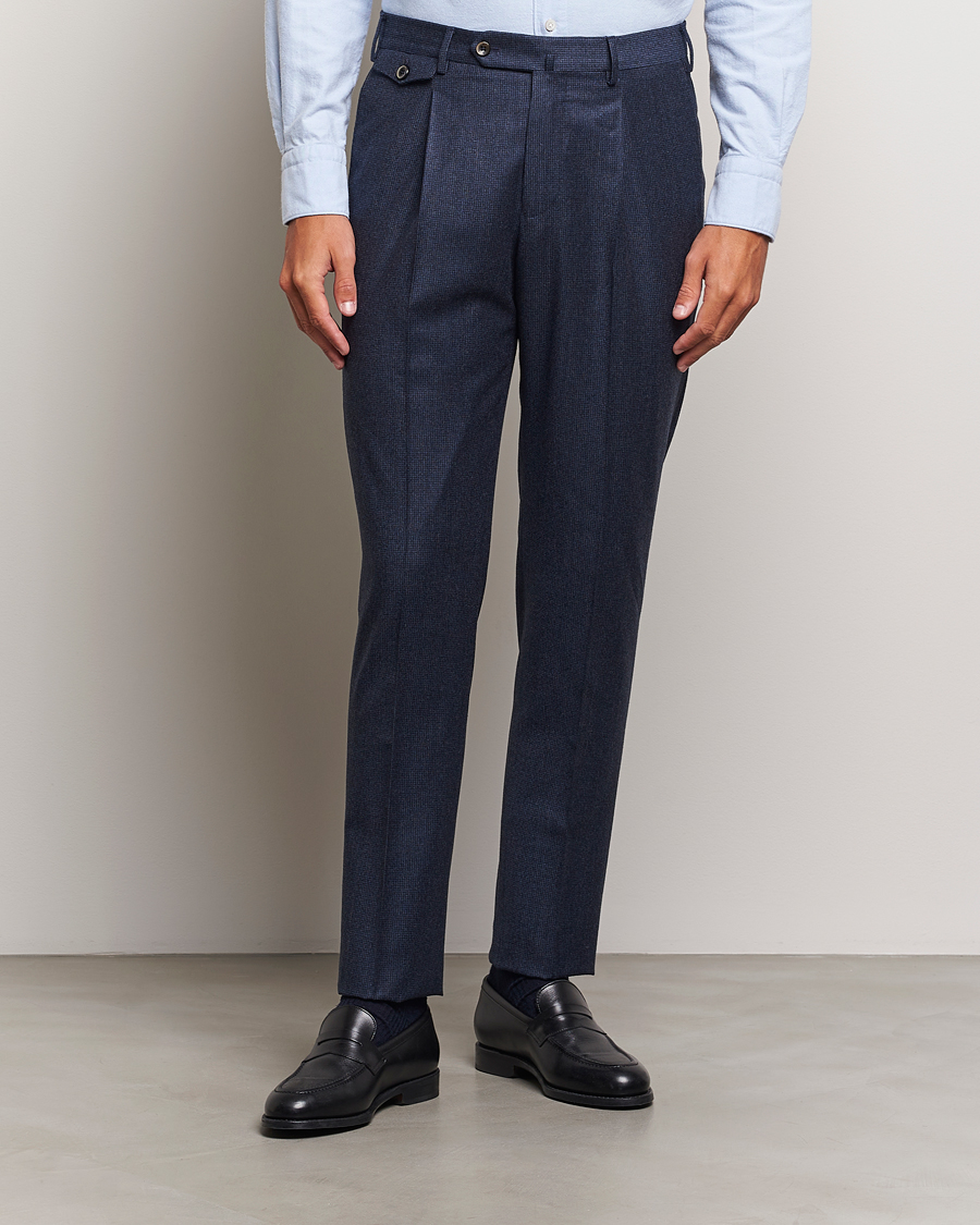 Herre | Nye produktbilleder | PT01 | Slim Fit Pleated Houndstooth Flannel Trousers Navy
