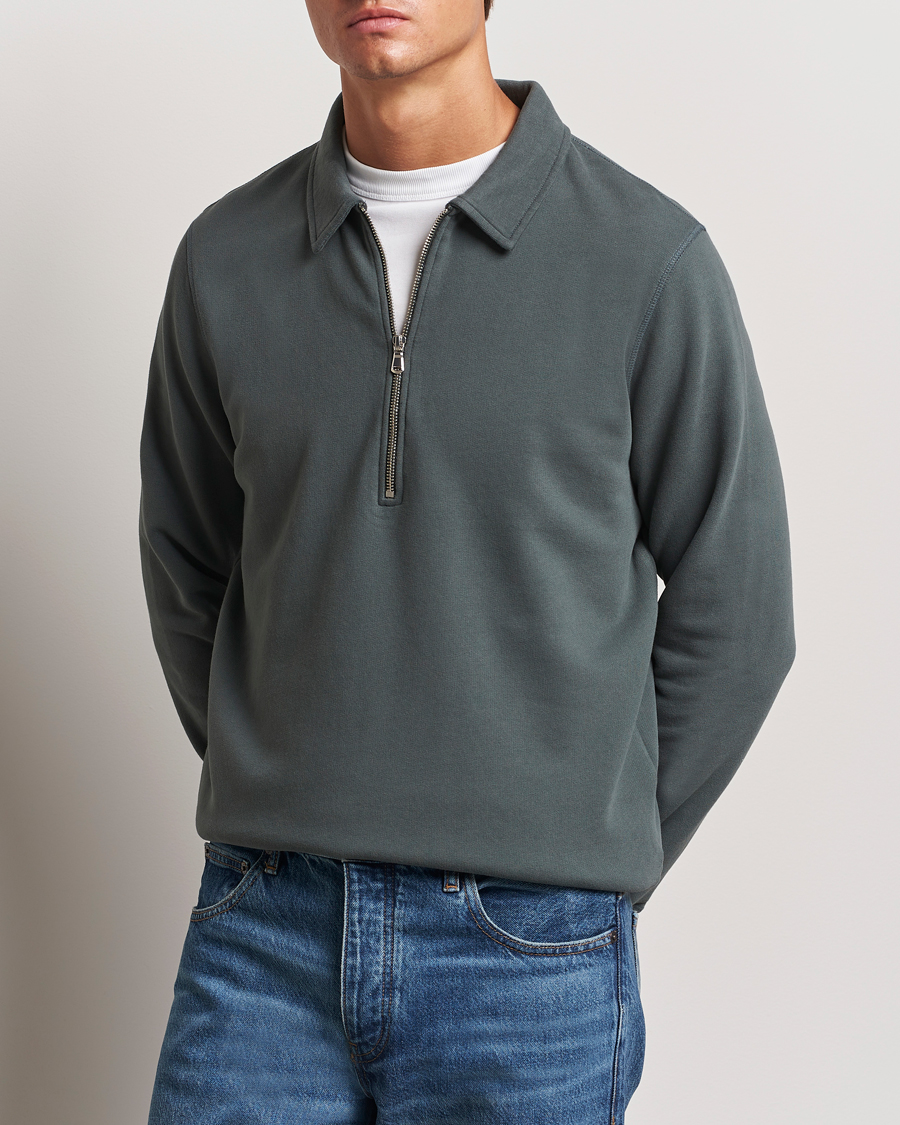 Herre |  | Sunspel | Zip Loopback Sweatshirt Polo Drill Green