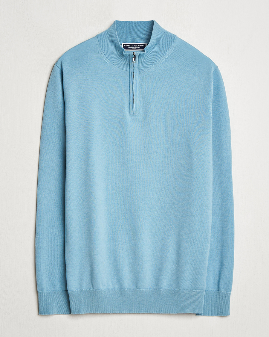 Herre | Trøjer | Charles Tyrwhitt | Pure Merino Zip Neck Jumper Aqua Green