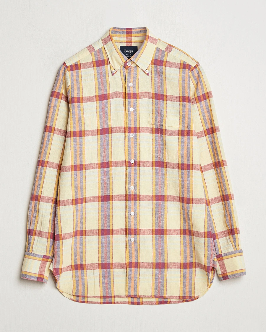 Herre | Skjorter | Drake's | Madras Cotton/Linen Button Down Shirt Yellow/Red/Navy