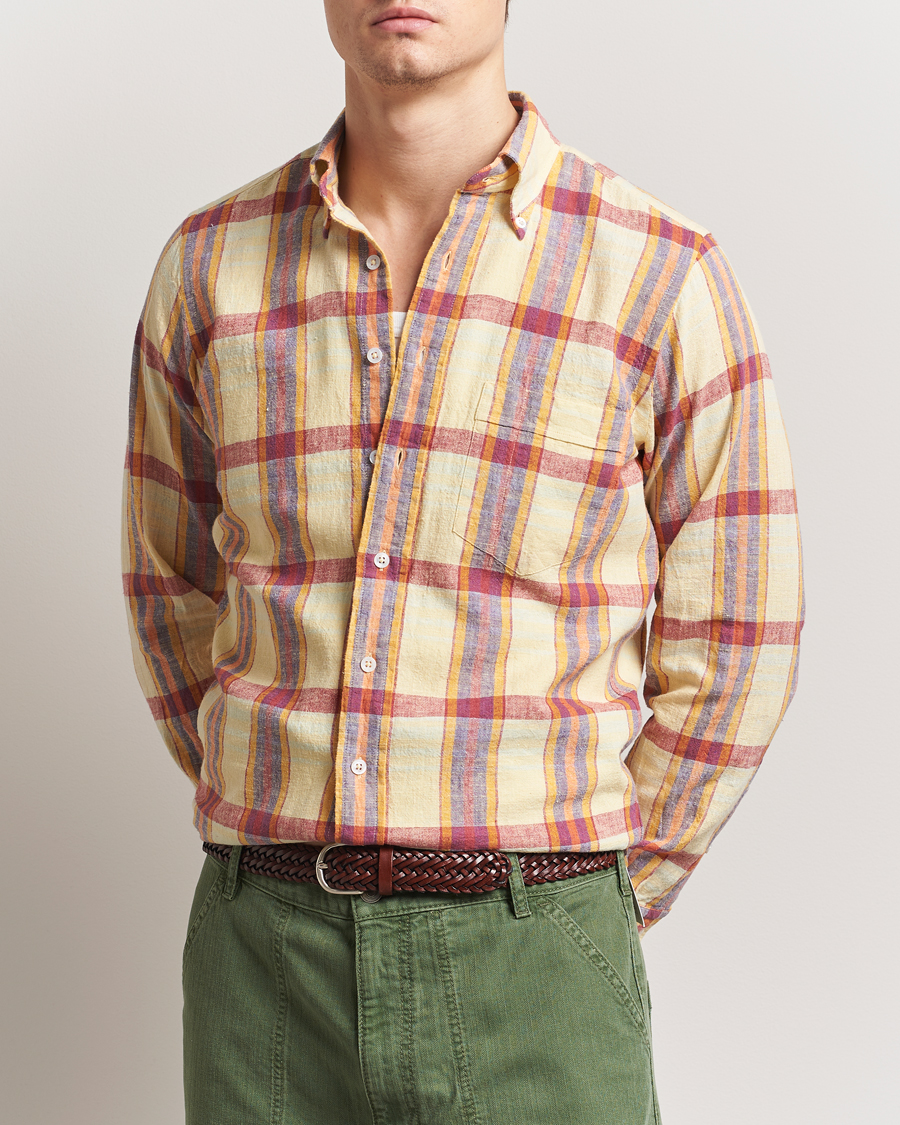 Herre | Skjorter | Drake's | Madras Cotton/Linen Button Down Shirt Yellow/Red/Navy