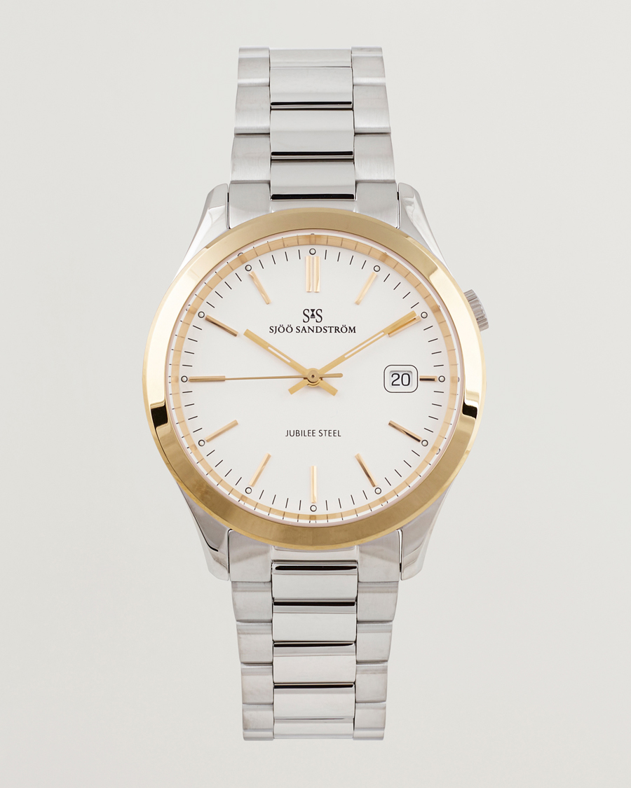 Herre | Sjöö Sandström Jubilee Steel Quartz 40mm Gold Bezel White/Steel | Sjöö Sandström | Jubilee Steel Quartz 40mm Gold Bezel White/Steel